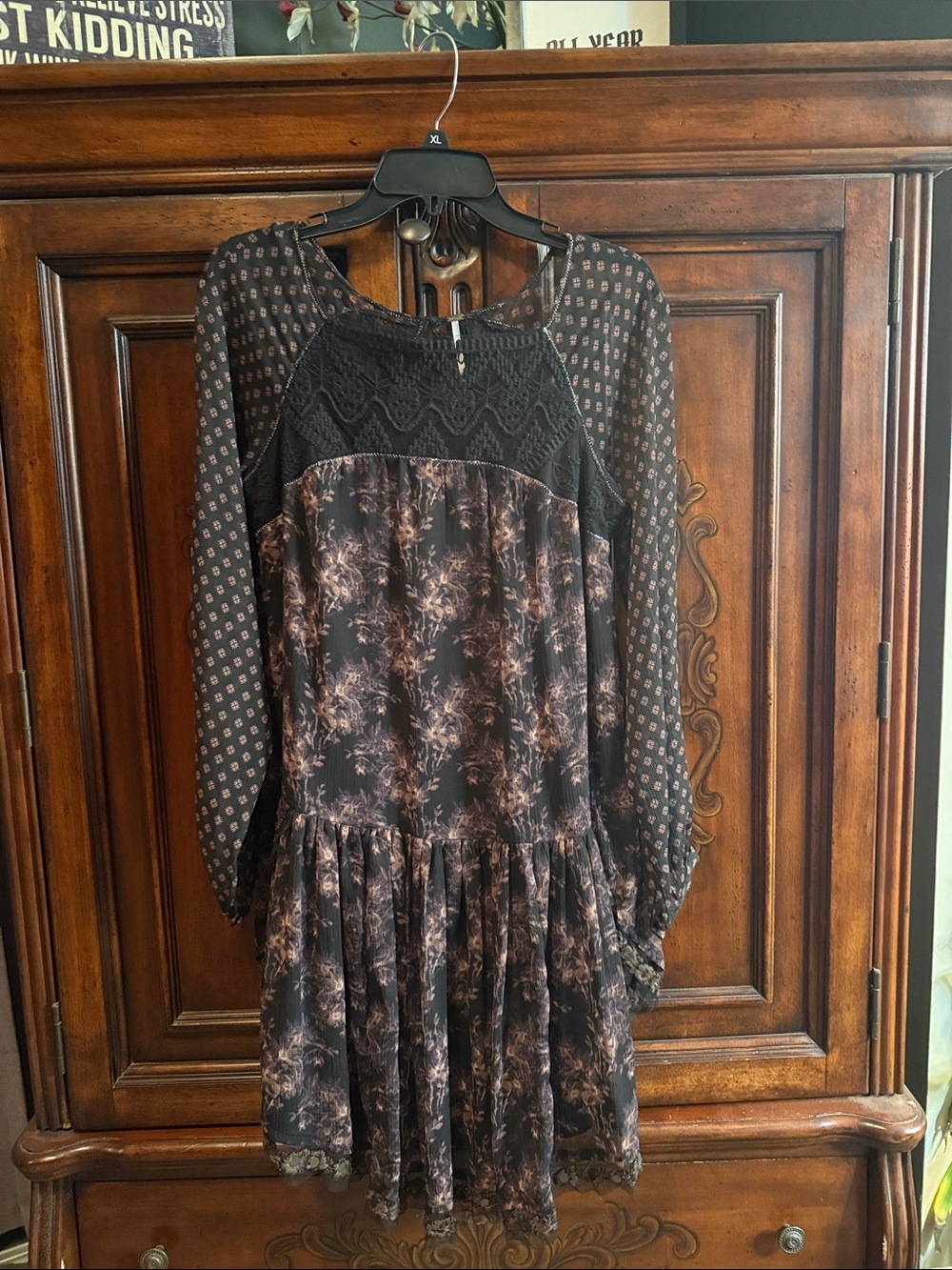 Boho Black Floral Long-Sleeve Tiered Dress Free People